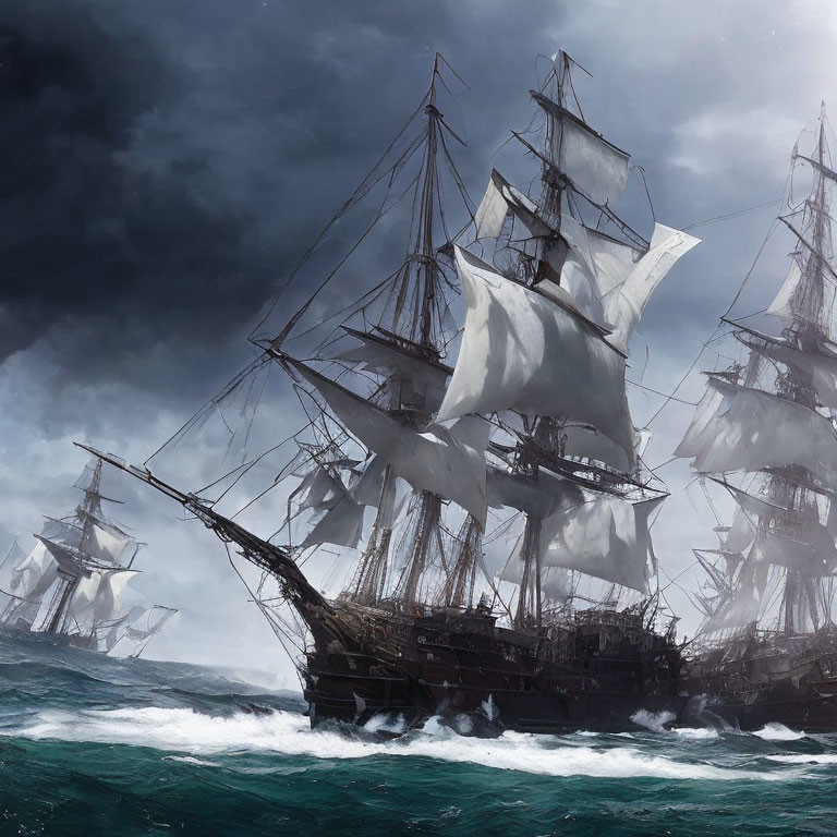 Tall ships with billowing sails navigate stormy seas