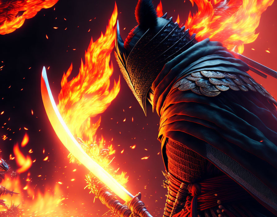 Armored warrior with flaming sword in fiery battle scene