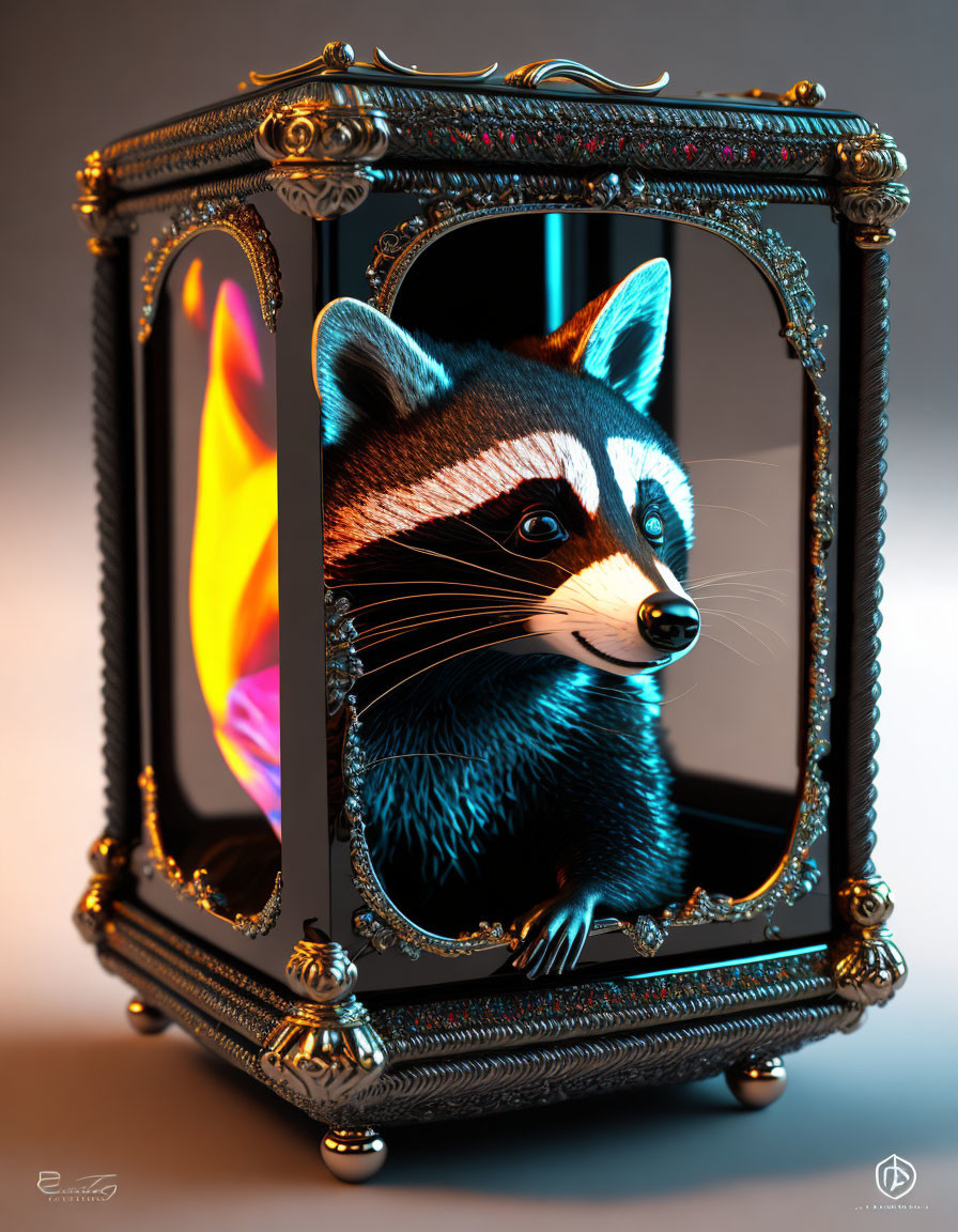 Intricately designed lantern with stylized raccoon on glowing background