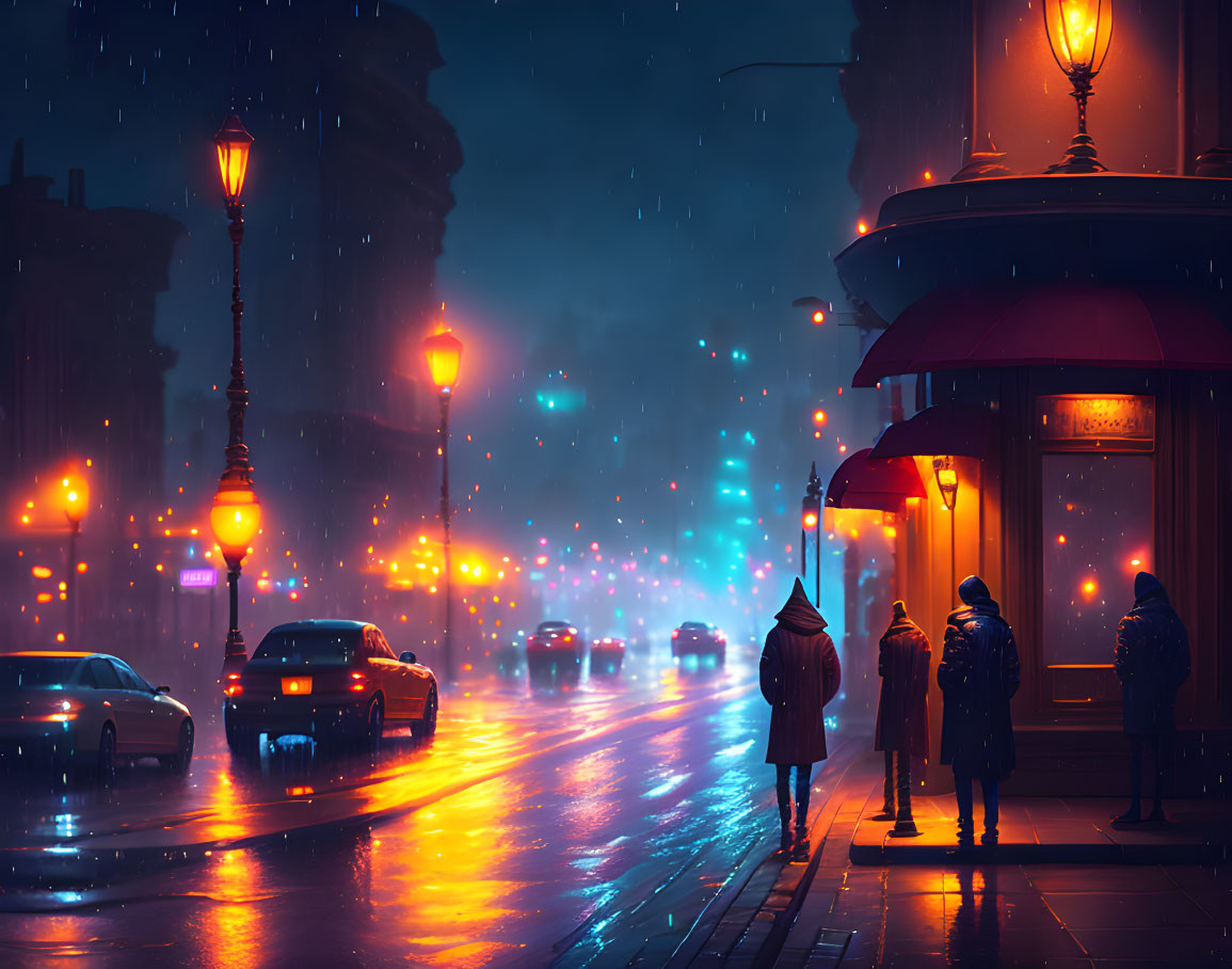 City street at night: Rainy scene with glowing street lamps, umbrellas, and car lights on