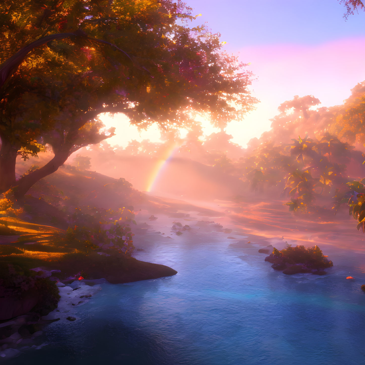 Tranquil Sunrise Scene: River, Trees, Rainbow, Mist, Lush Landscape