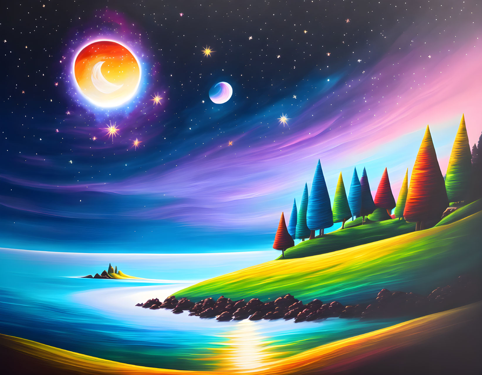 Colorful cosmic landscape with crescent moon, sun, stars, hill, trees, and blue lake