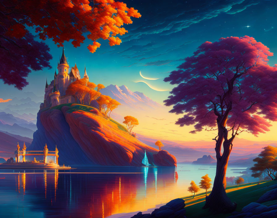 Majestic castle in vibrant fantasy landscape at dusk