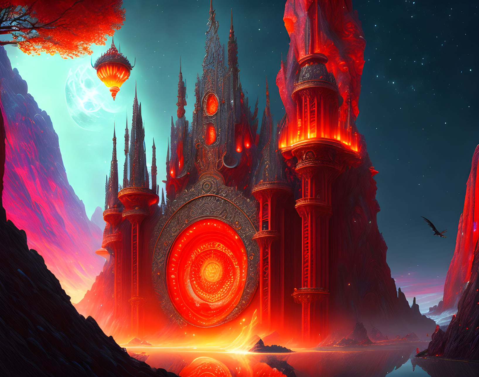 Fiery-red Gothic castle with glowing orbs and moon in fantastical landscape