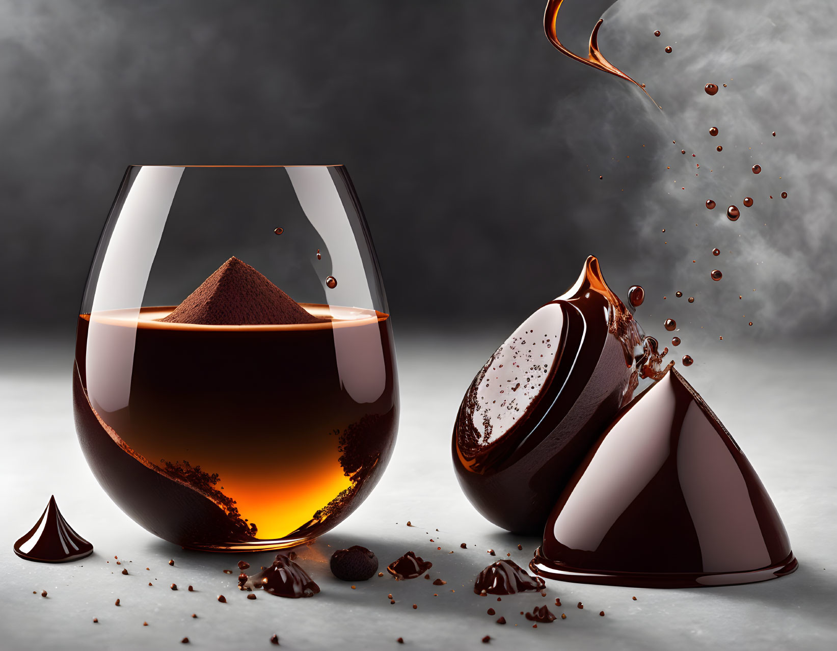 Luxurious Chocolate Flowing into Glass, Creating Dessert Scene