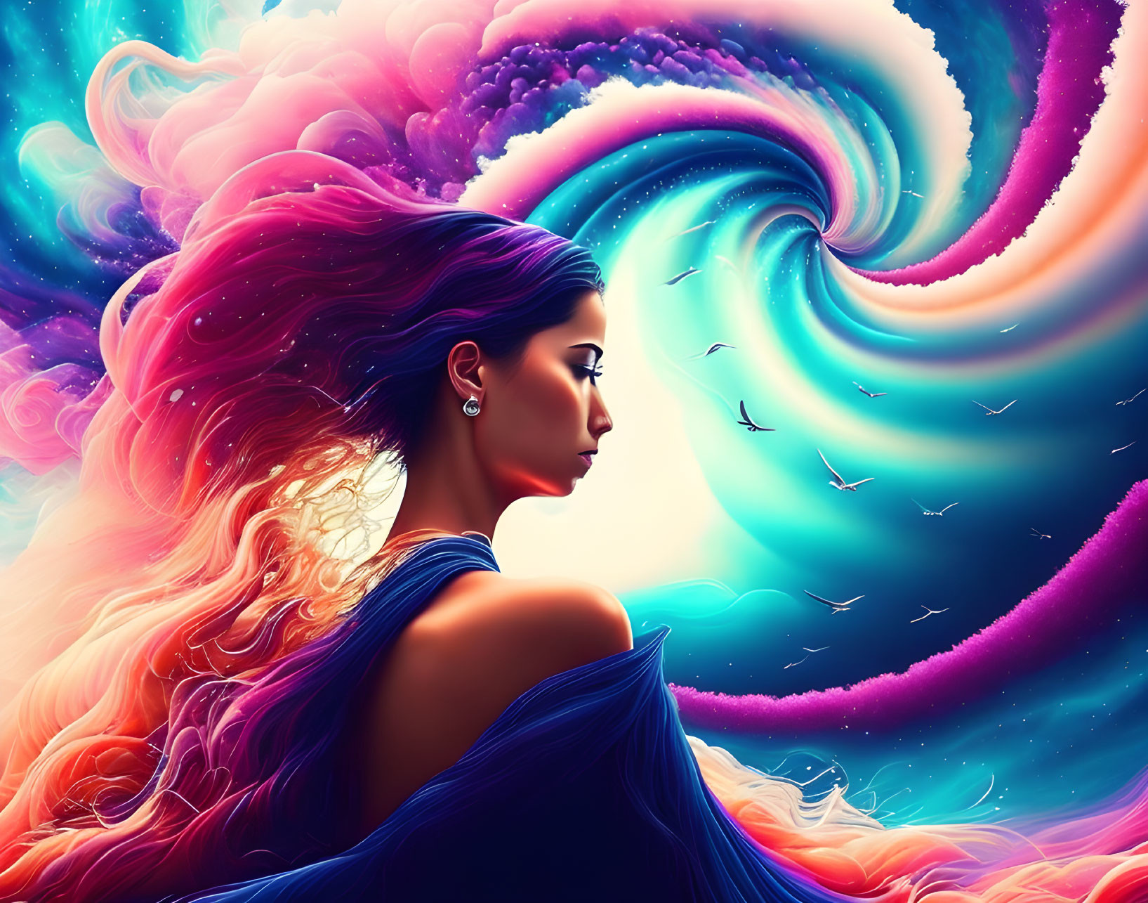 Profile of a woman with flowing hair against vibrant cosmic background with birds and swirling hues.