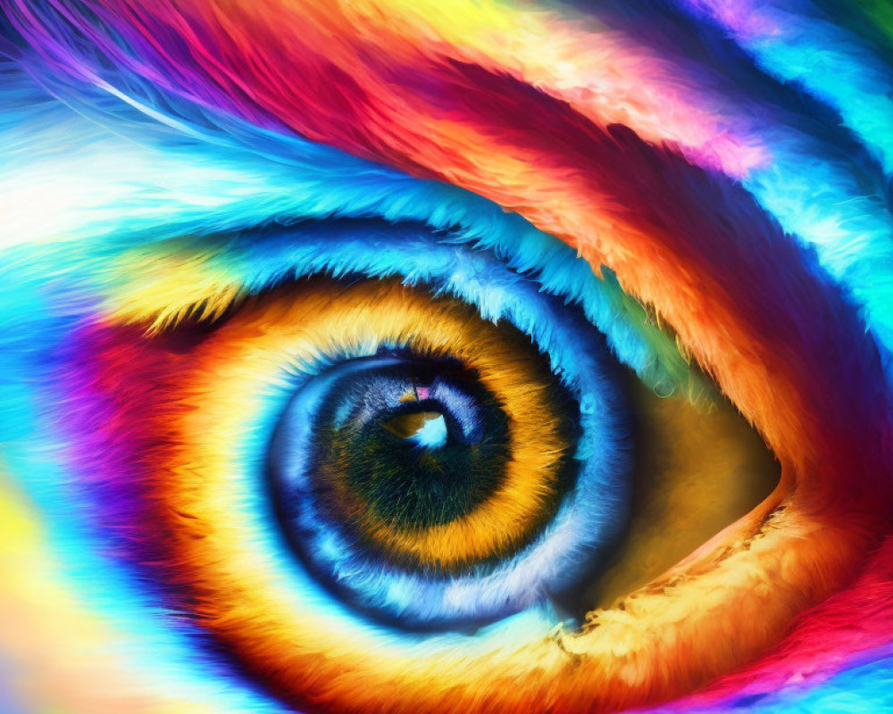 Colorful close-up of human eye with swirling rainbow spectrum.