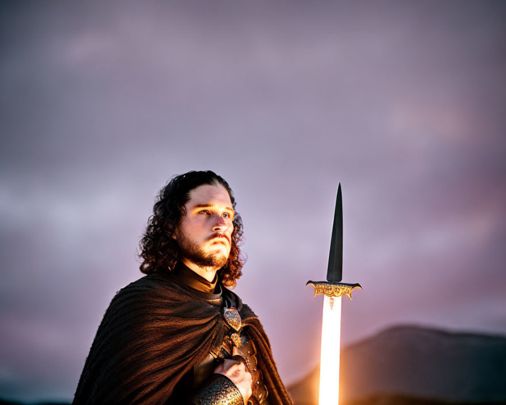 Medieval warrior with glowing sword against cloudy dusk sky