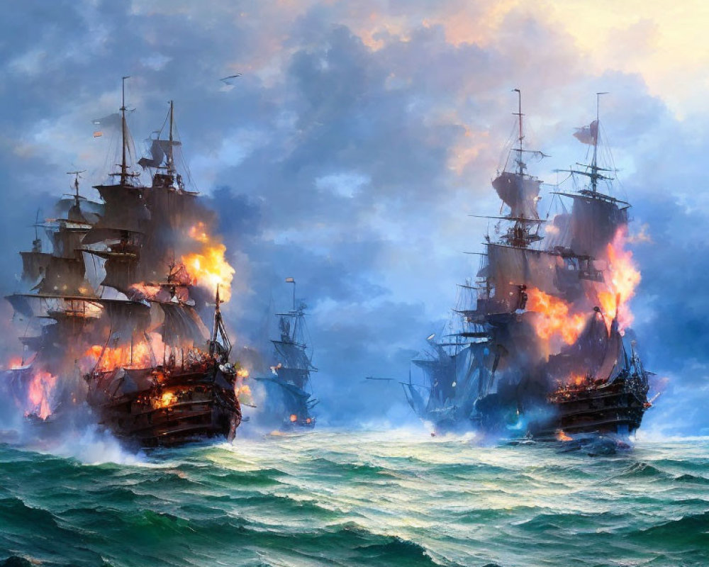 Historical naval battle scene with tall ships in stormy sea