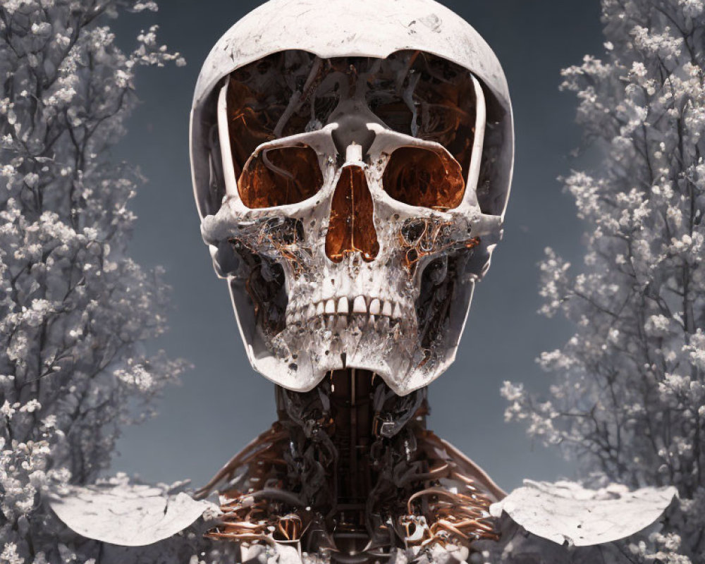 Robotic skeleton with skull head in surreal blossom tree scene