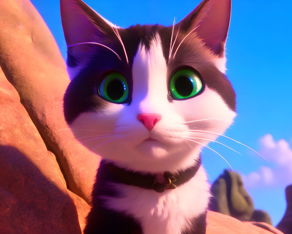 Close-Up 3D Animated Black and White Cat with Green Eyes and Collar against Blue Sky