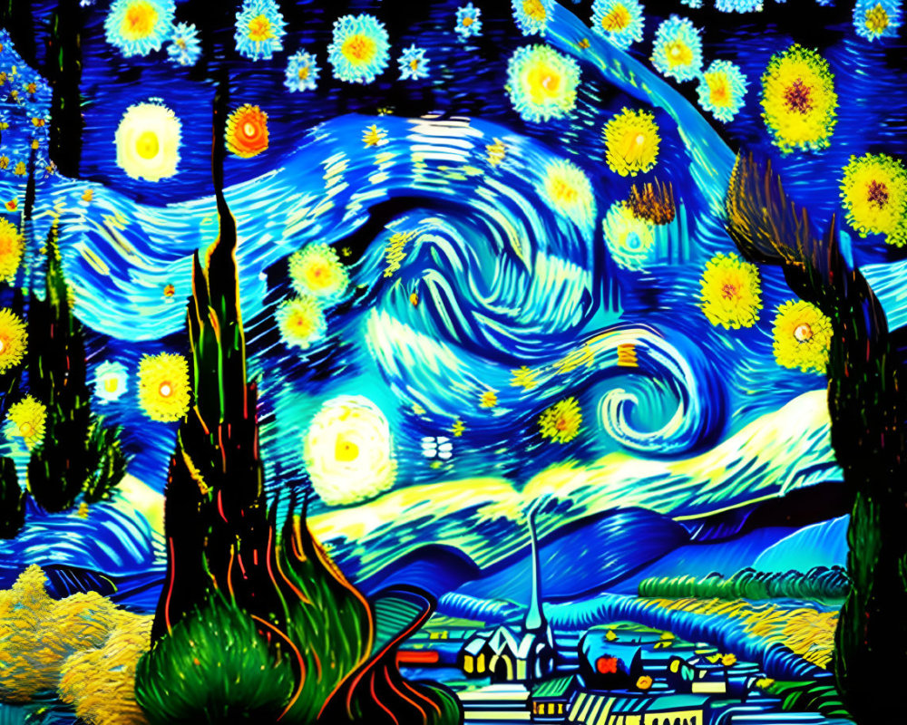 Starry Night Painting with Swirling Blue Skies