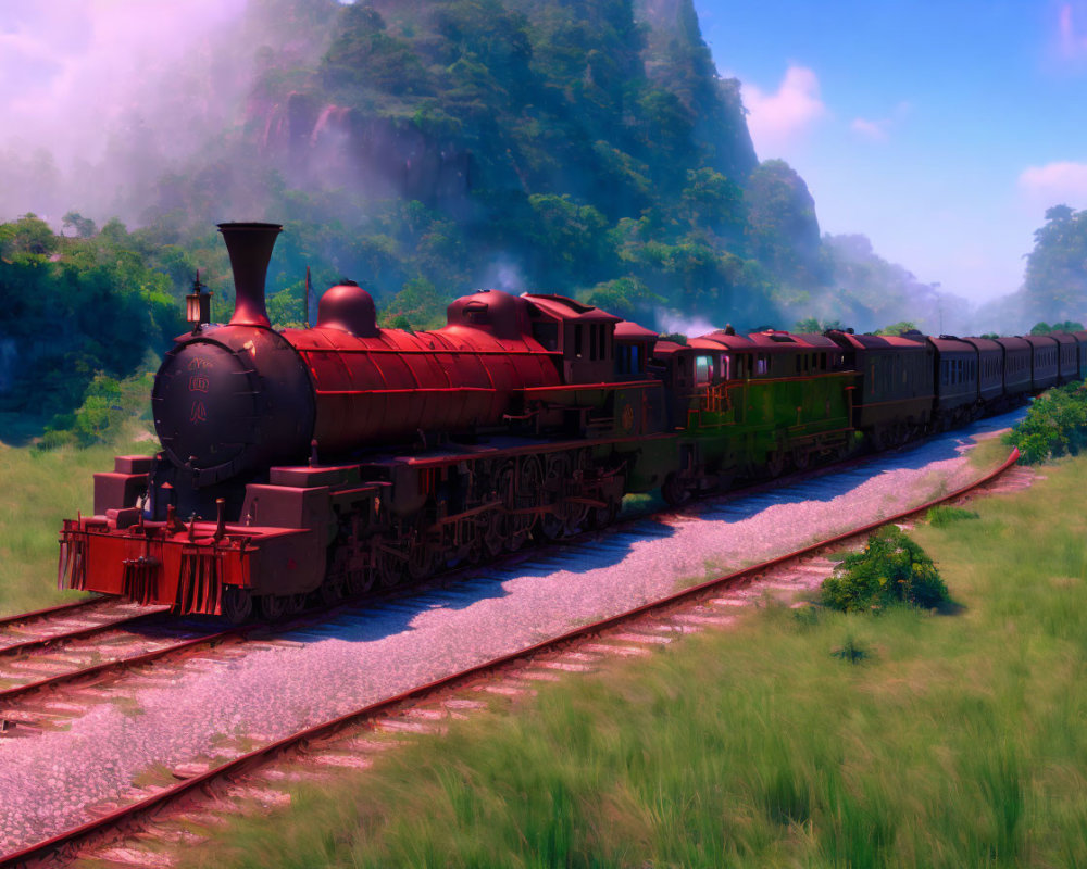 Vintage steam locomotive on curved railway track in misty landscape