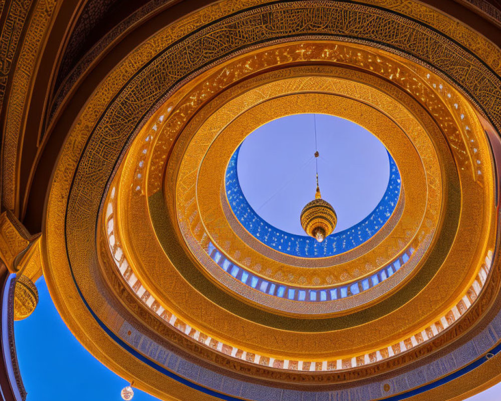 Intricate Circular Ceiling Design with Central Pendant in Twilight Sky