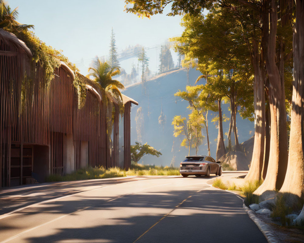 Serene street with tall trees and rustic buildings at sunset