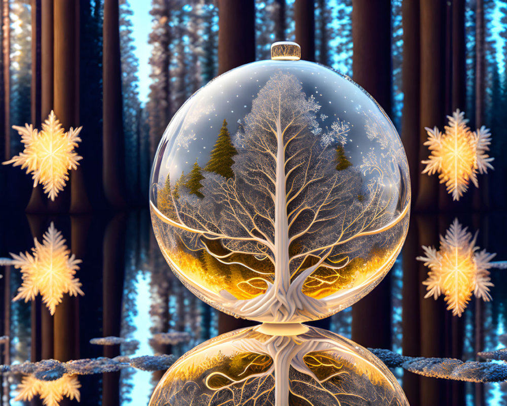 Translucent Christmas ornament with snowy tree scene and golden snowflakes