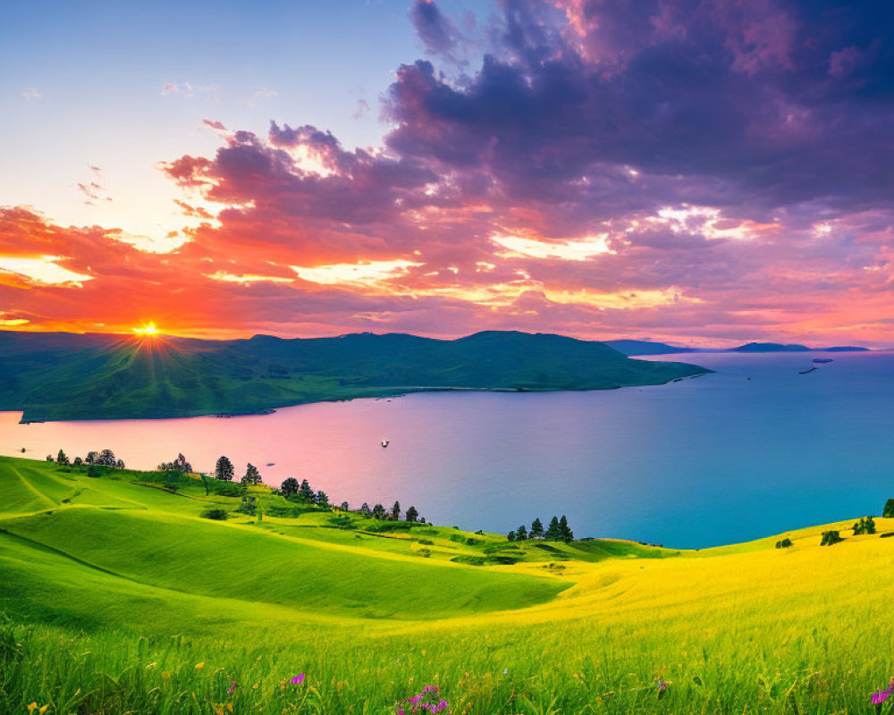 Vibrant sunset landscape with green hill, blue lake, purple and orange sky