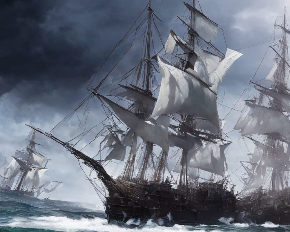 Tall ships with billowing sails navigate stormy seas