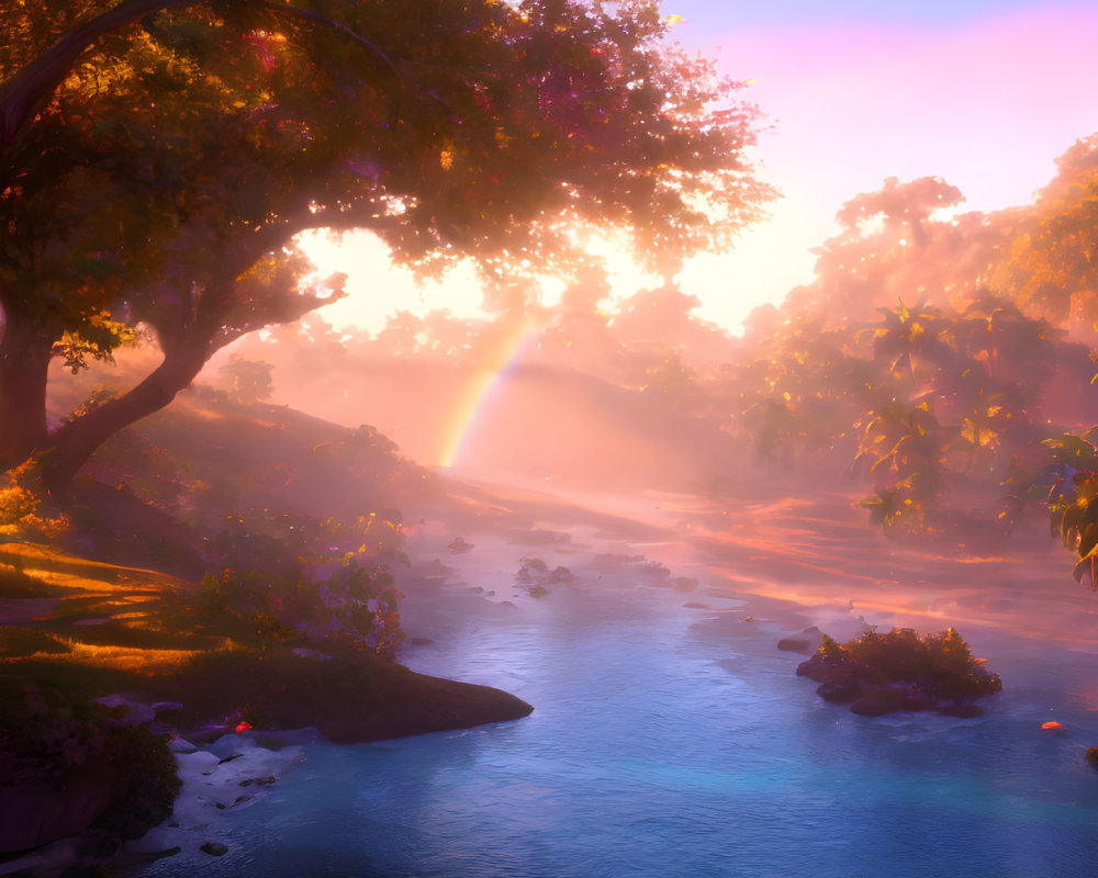 Tranquil Sunrise Scene: River, Trees, Rainbow, Mist, Lush Landscape