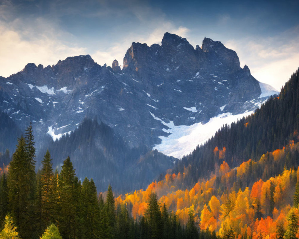 Snow-capped mountain peaks over autumn forest with vibrant foliage