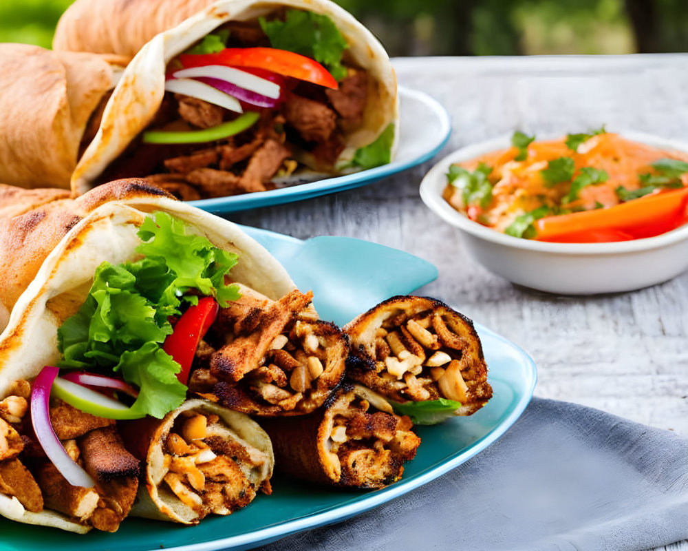 Chicken Shawarma Wraps with Vegetables on Blue Plate and Pickles on Wooden Table