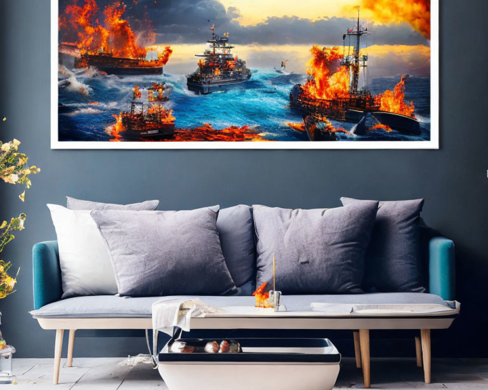 Colorful naval warships battle scene above modern sofa and coffee table