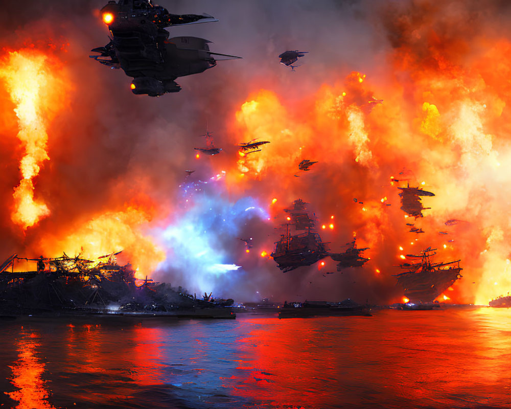 Futuristic warships in fiery sea battle with explosions & aircraft.