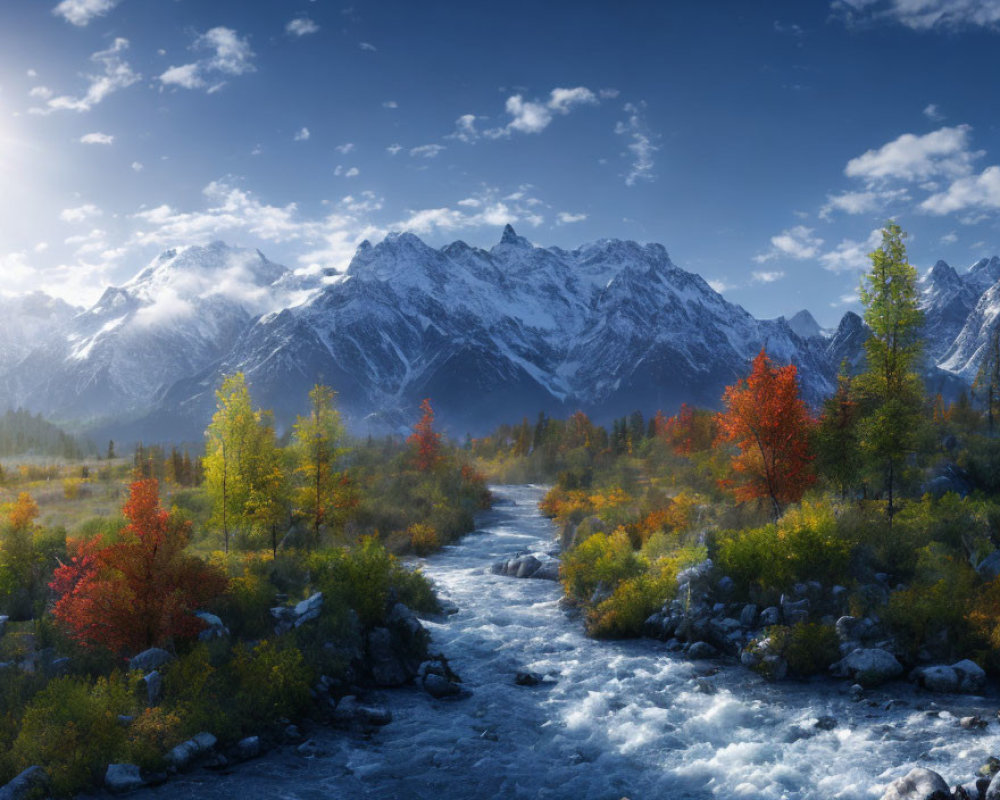 Vibrant autumn forest by rocky river with snow-capped mountains