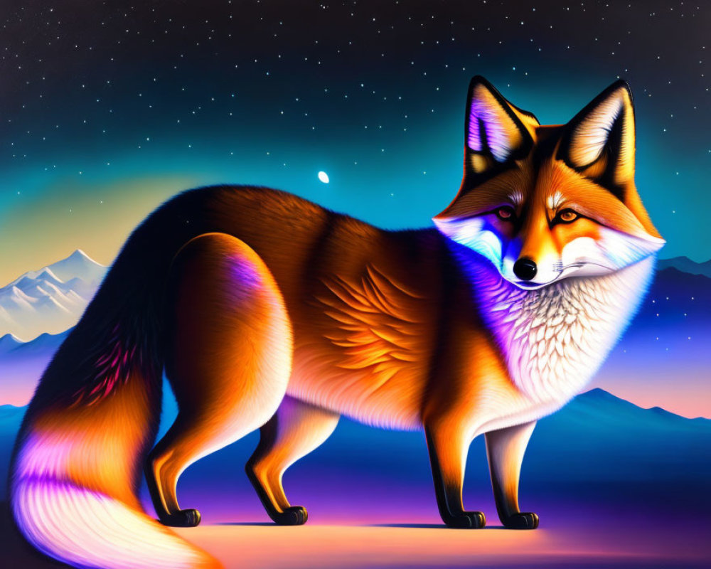 Colorful Red Fox Illustration on Twilight Sky with Stars & Mountains