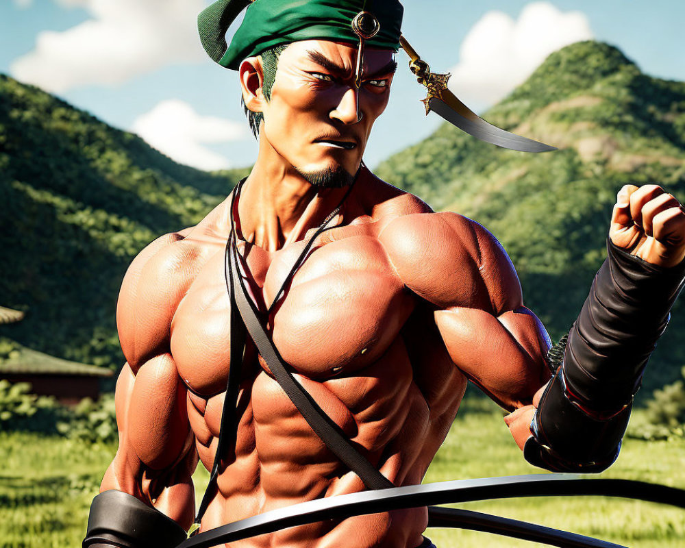 Muscular character with green headband wields swords in scenic backdrop