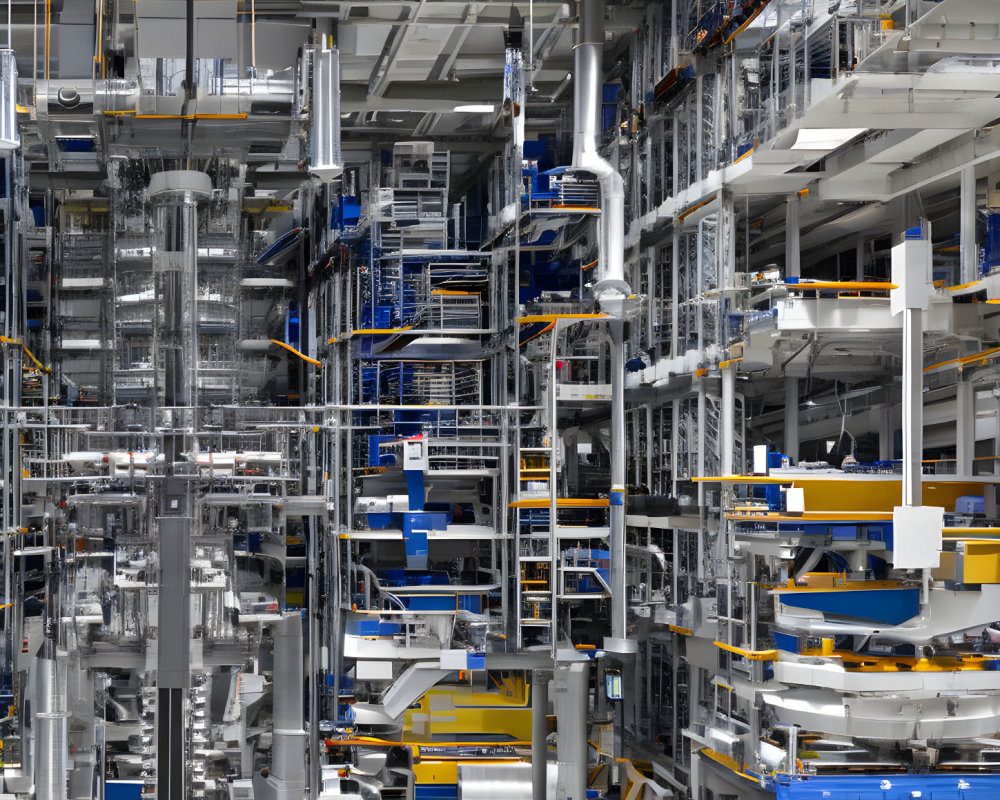 Vertical View of Dense Automated Warehouse with Multi-Level Metal Shelving