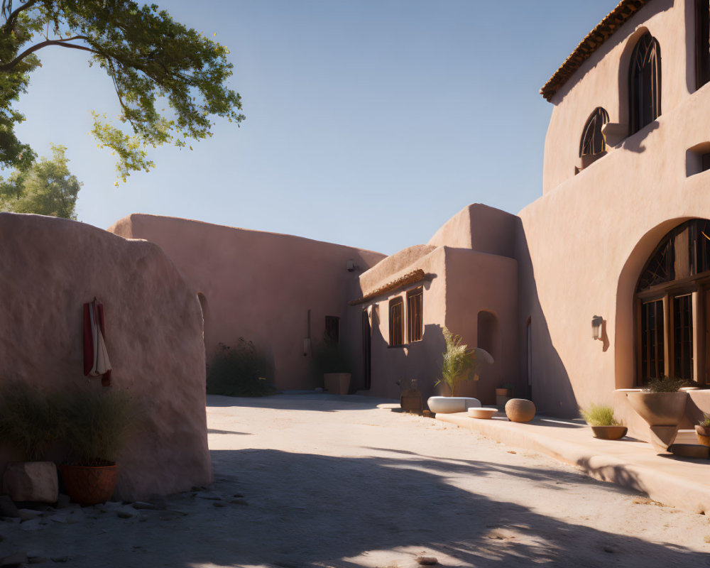 Tranquil Courtyard with Adobe Buildings and Blue Sky