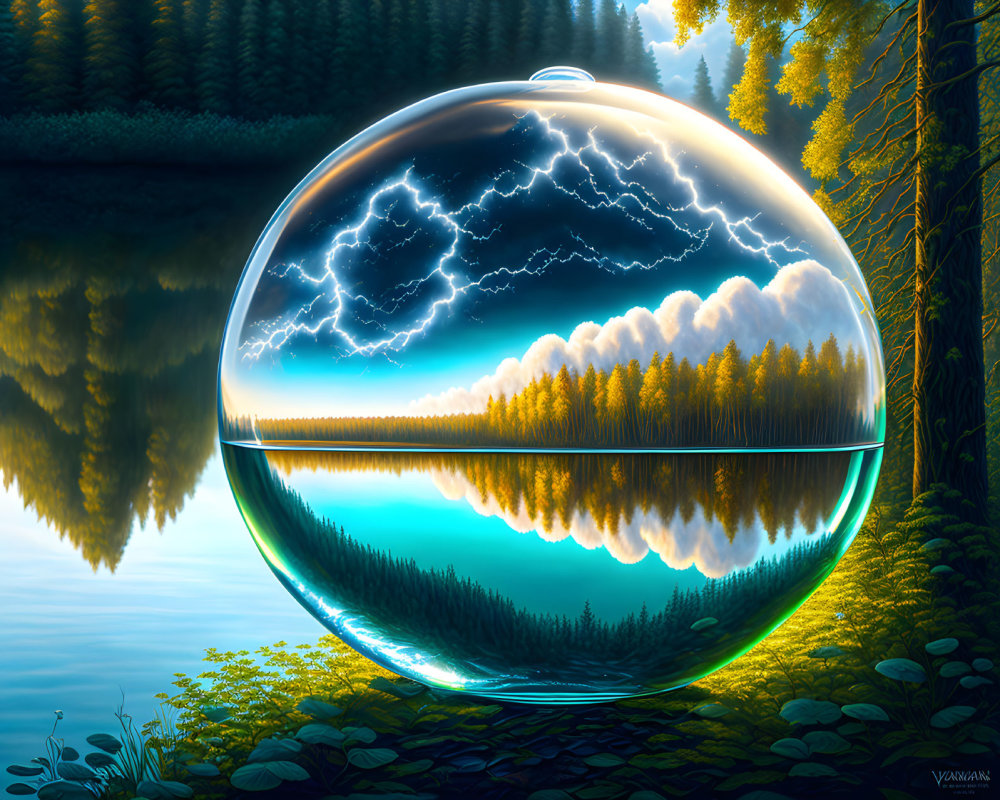 Transparent Sphere Reflecting Forest, Lake, and Lightning at Twilight