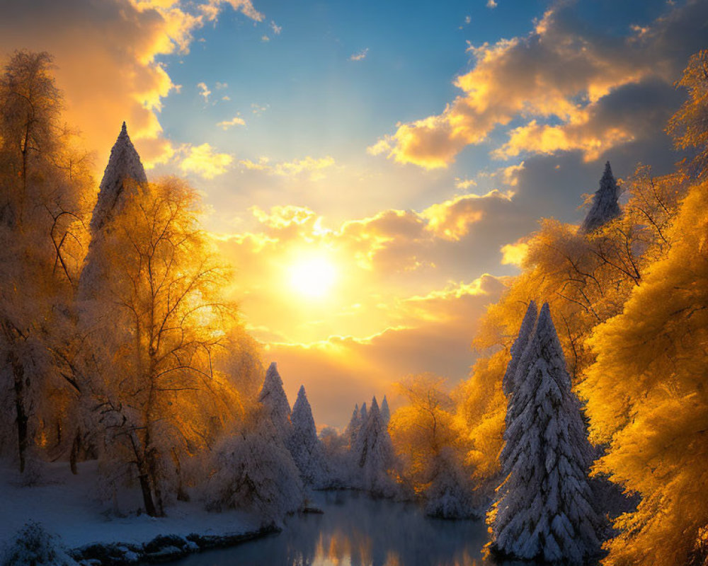 Tranquil river scene with snowy trees and vibrant sunrise