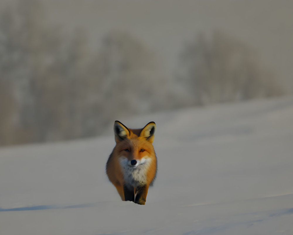 Red fox in snowy landscape with frosted trees.