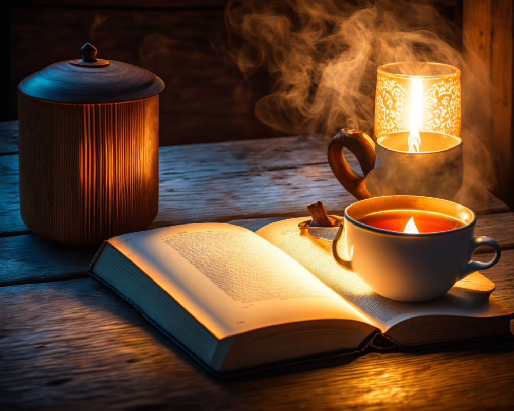 Warm Glow: Steaming Tea, Open Book, Lit Candle on Wooden Surface