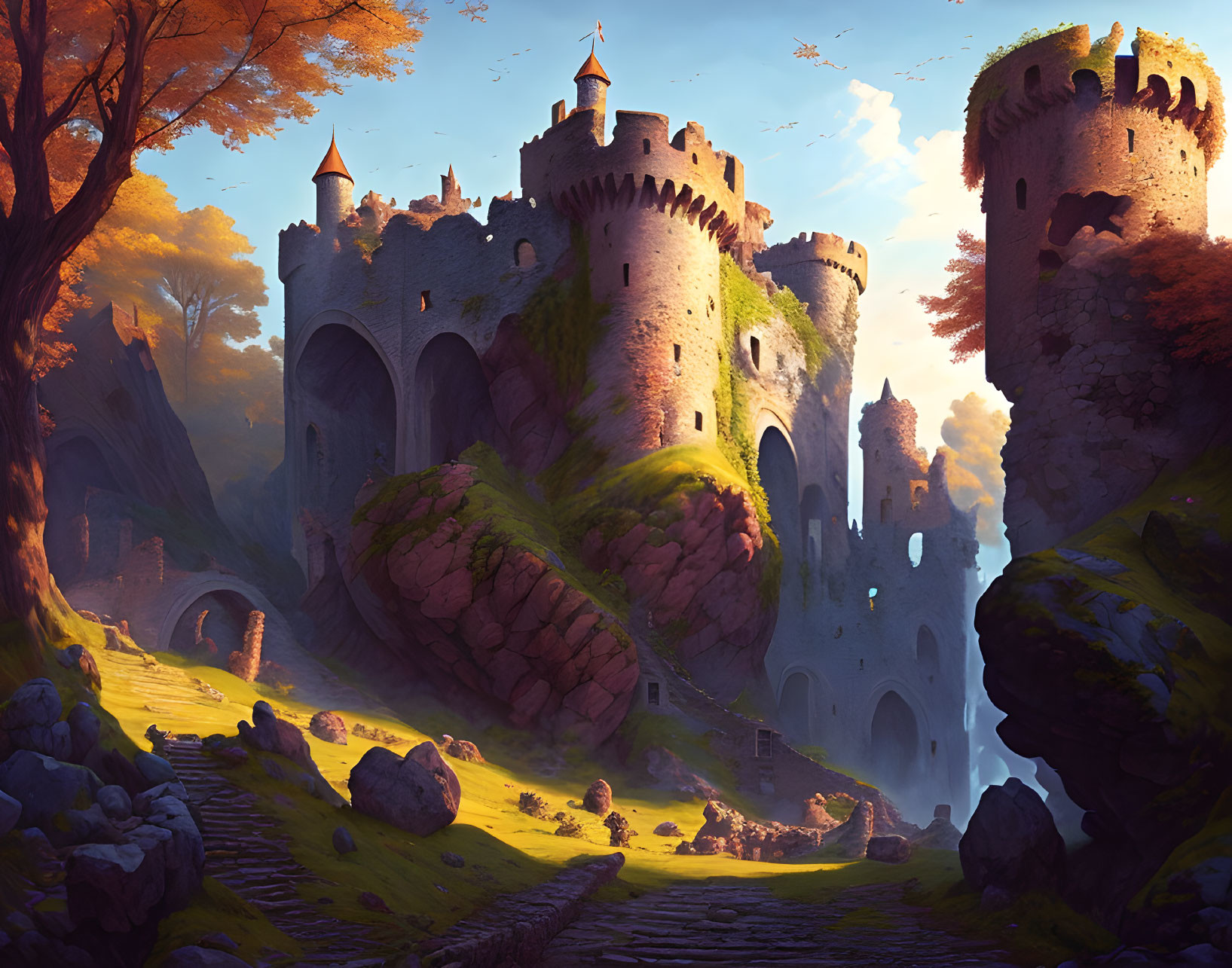 Majestic castle on rocky outcrops with lush trees and sunbeams