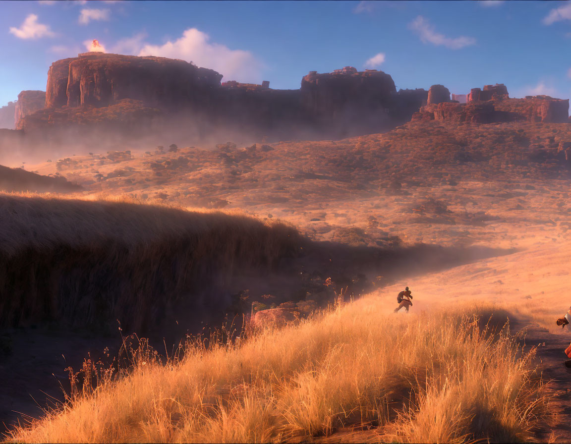 Horse rider in misty, sunlit landscape with cliffs under clear sky