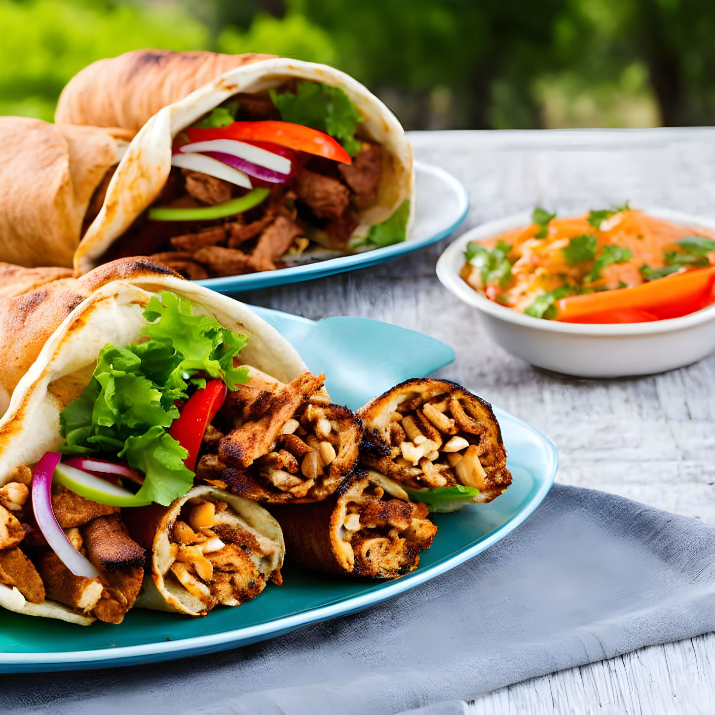 Chicken Shawarma Wraps with Vegetables on Blue Plate and Pickles on Wooden Table