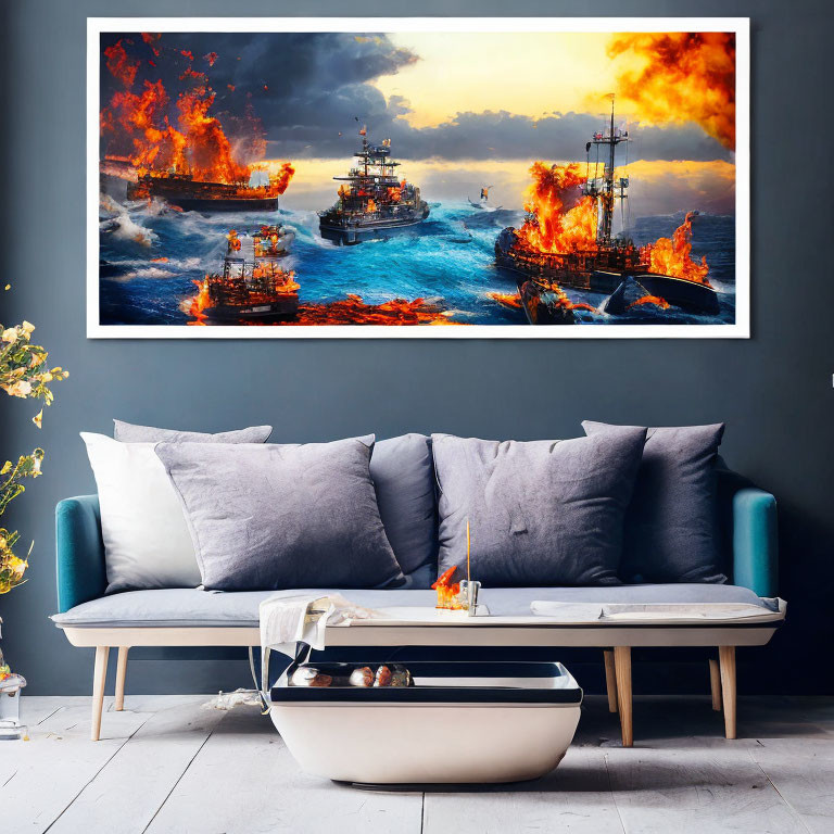 Colorful naval warships battle scene above modern sofa and coffee table