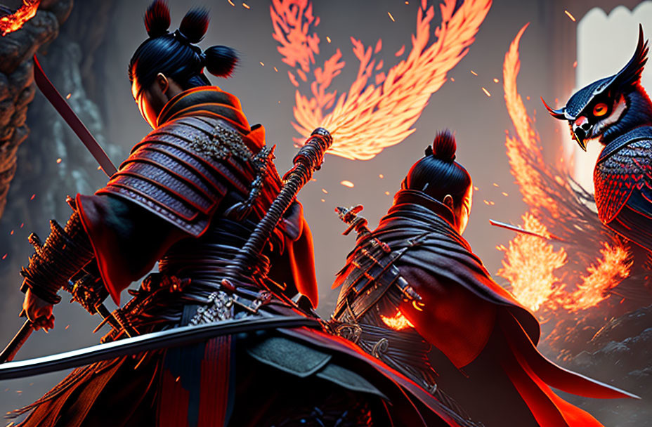 Two samurai warriors with drawn sword and fiery backdrop, observed by owl-like creature