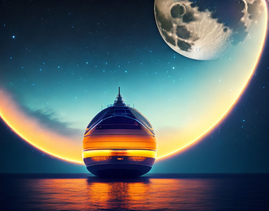 Futuristic spacecraft over ocean at night with moon and starry sky