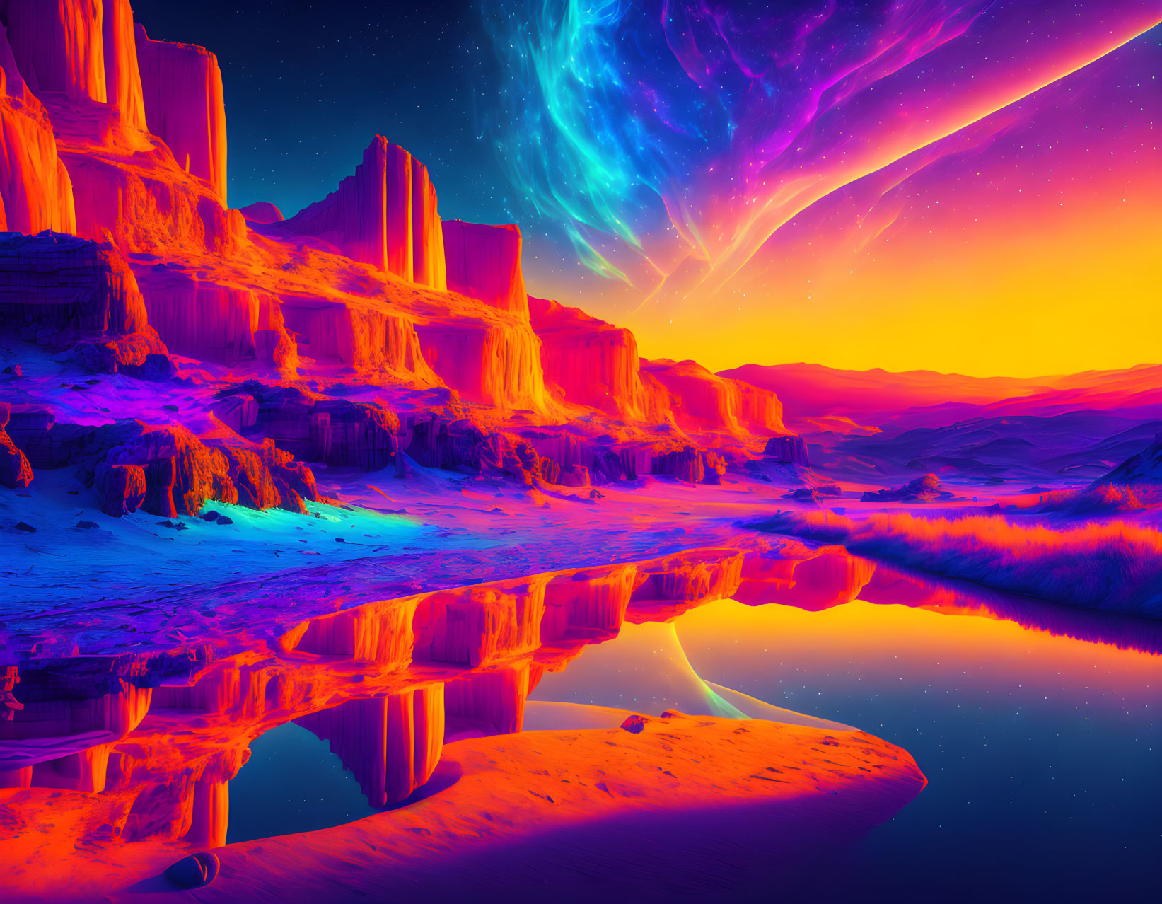 Colorful alien landscape with neon rock formations, reflective water, and dynamic sky.