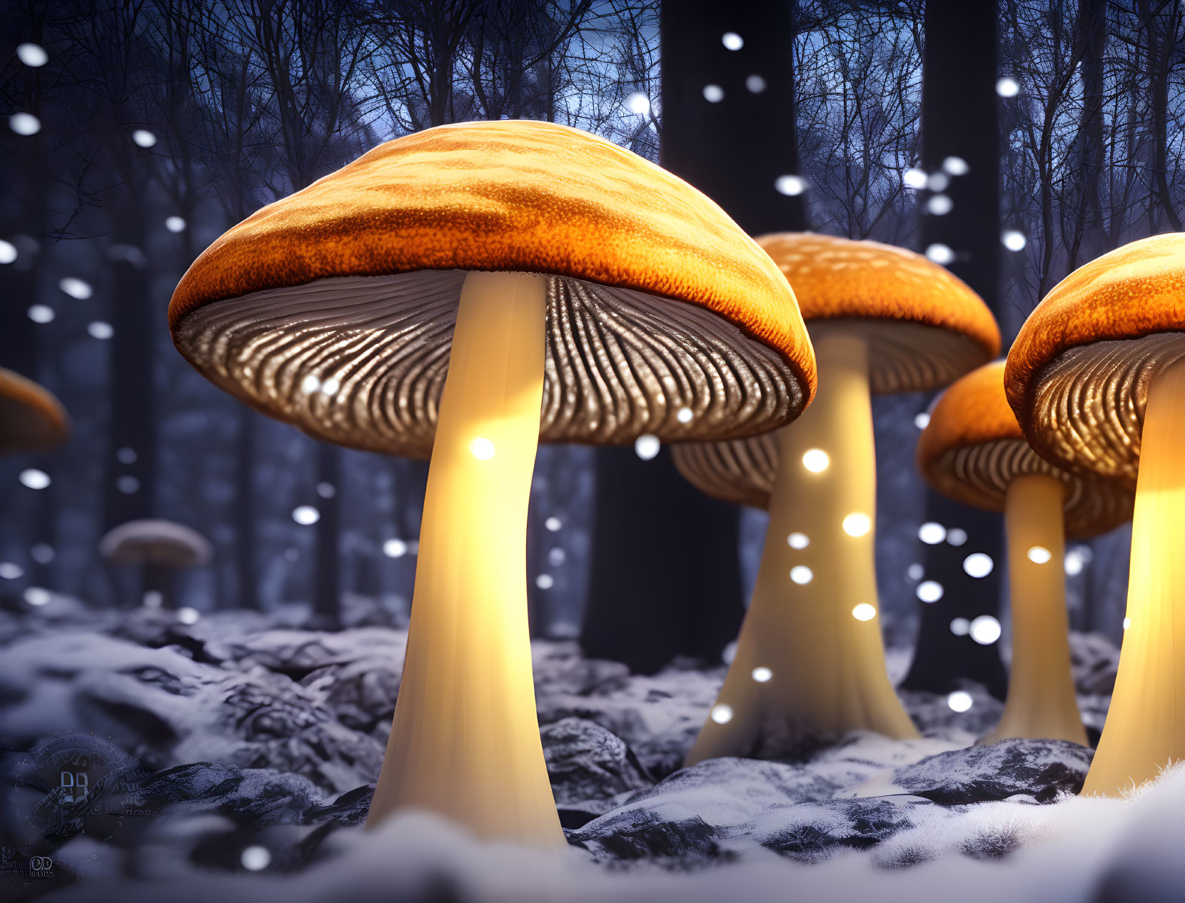 Glowing mushrooms in snowy forest with magical atmosphere