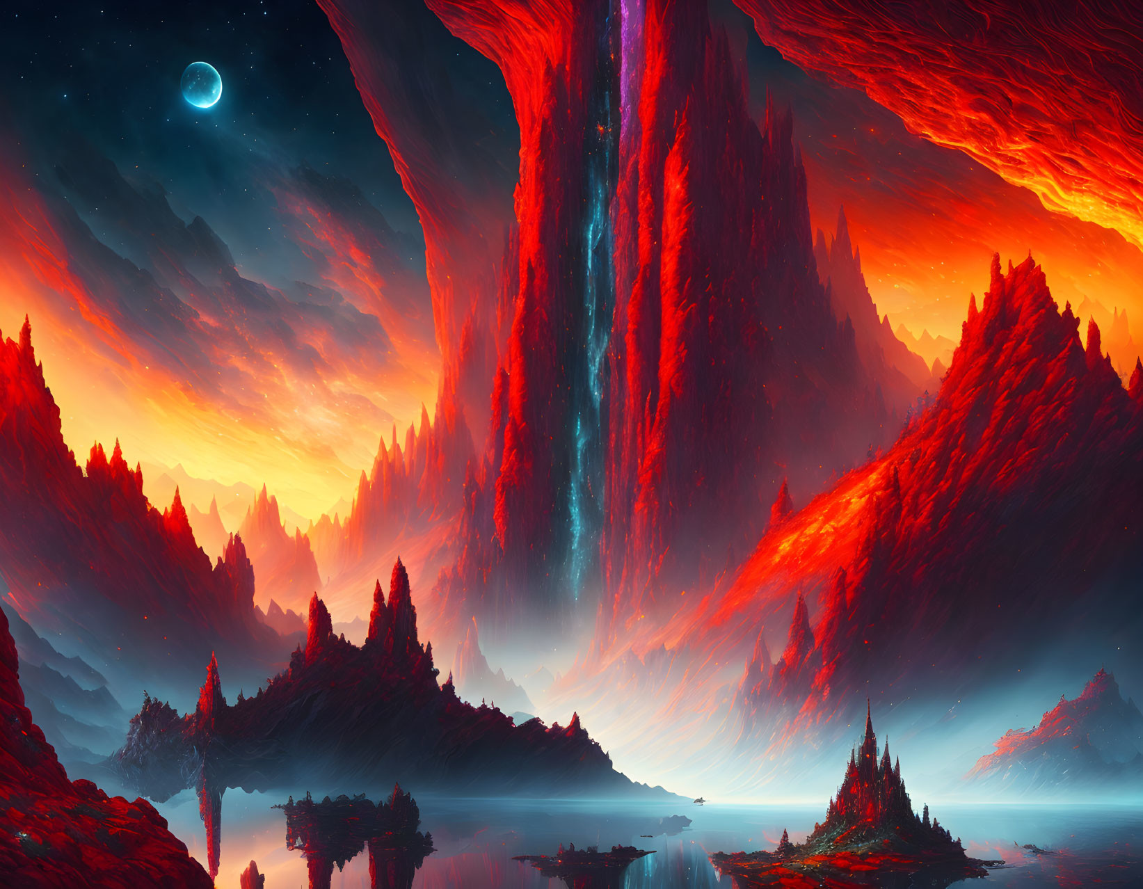 Fantasy landscape with fiery red and blue colors, cliffs, lake, and crescent moon