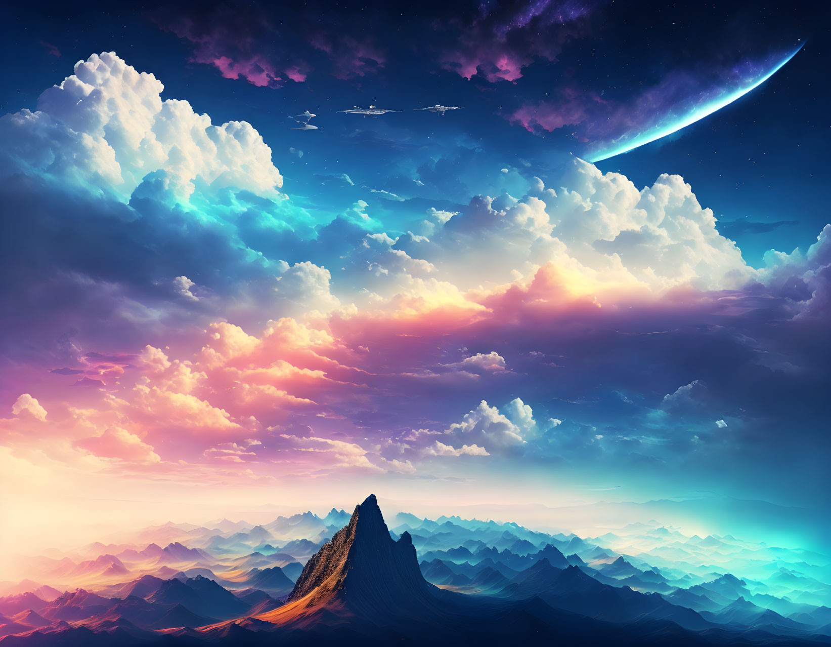 Colorful Dusk Sky Over Mountain Range with Oversized Crescent Moon