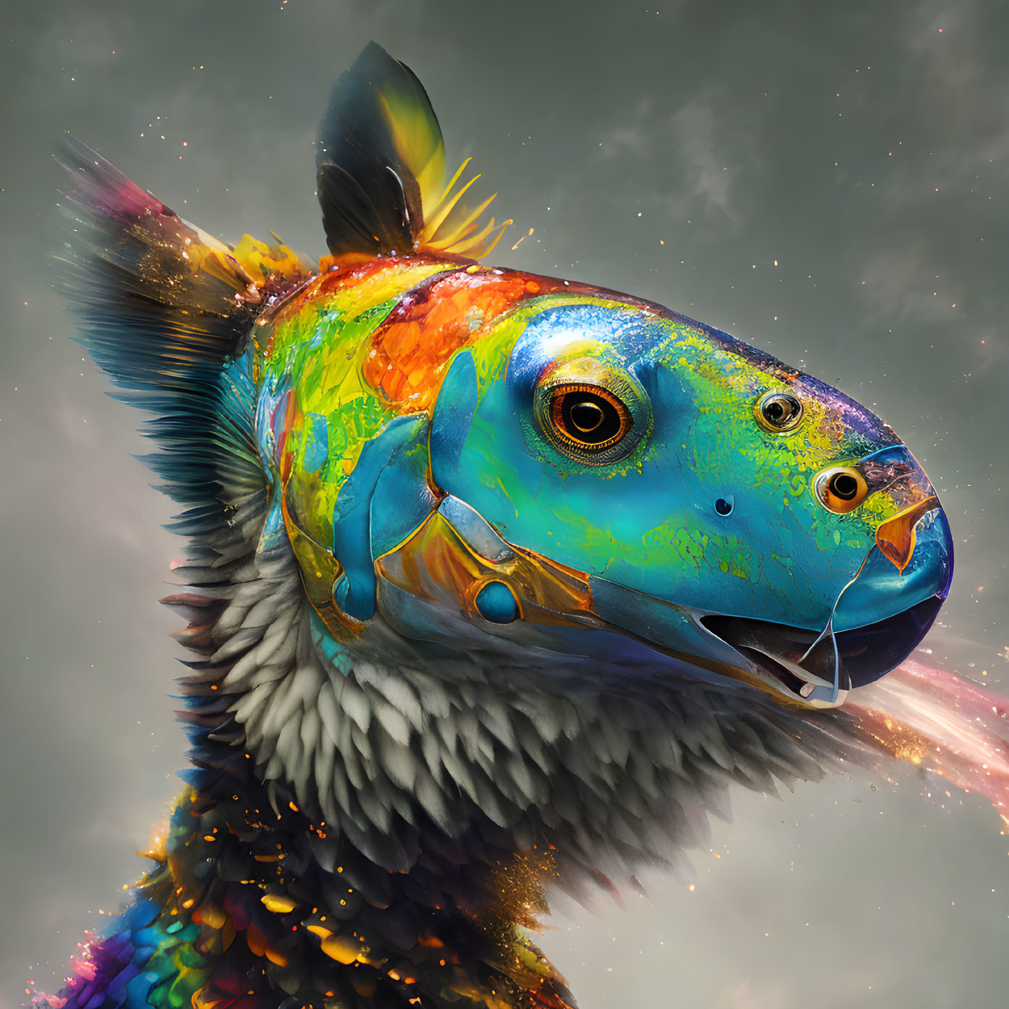 Colorful surreal fish with shimmering scales and expressive eyes on starry backdrop