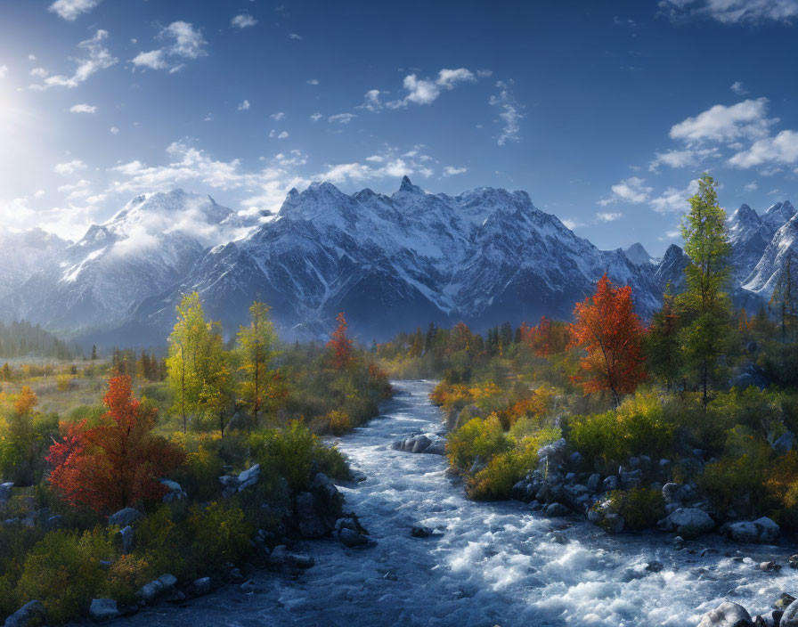 Vibrant autumn forest by rocky river with snow-capped mountains