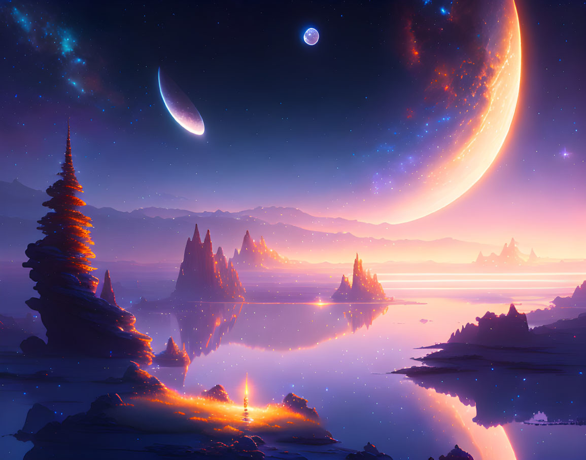 Tranquil Landscape with Clear Lake, Rock Formations, Trees, and Planets