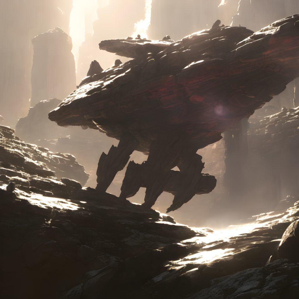 Majestic dark rock formation in dramatic sunlight